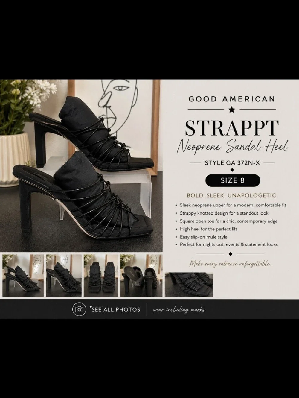 GOOD AMERICAN Strappt Neoprene BlackbSize 8 Style GA 372N-X Sandal Heel